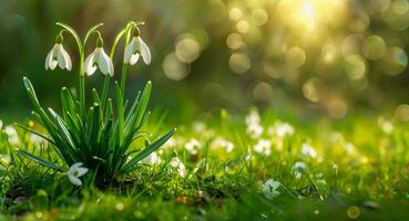 ai gerado fresco snowdrops brilhante com manhã orvalho foto