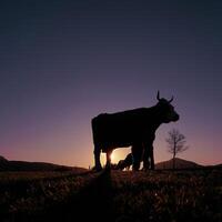 vaca silhueta dentro a Prado dentro horário de verão e pôr do sol fundo foto