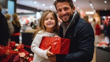 ai gerado feliz família comprando presentes dentro Natal loja foto