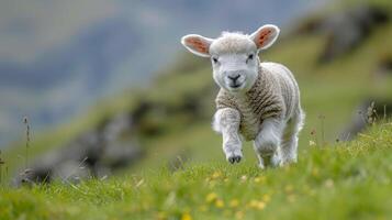 ai gerado ovelha em pé em coberto de grama encosta foto