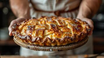 ai gerado pessoa segurando pizza em de madeira prato foto