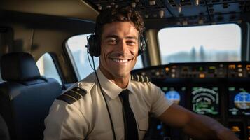ai gerado sorridente bonito piloto dentro avião cabine foto