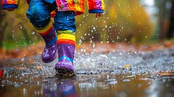 ai gerado pessoa vestindo colorida chuva chuteiras pulando para dentro poça foto