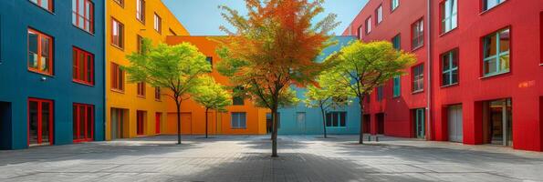 ai gerado cidade rua com colorida edifícios foto