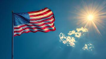 ai gerado americano bandeira acenando dentro vento em ensolarado dia foto