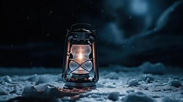 ai gerado a imagem do uma acampamento conduziu lanterna em rachado gelo superfície foto