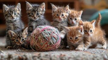 ai gerado gatinhos jogando com uma bola do fio foto