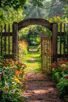 ai gerado florescendo jardim com de madeira portão foto