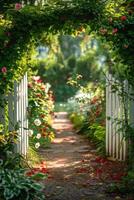 ai gerado florescendo jardim com de madeira portão foto