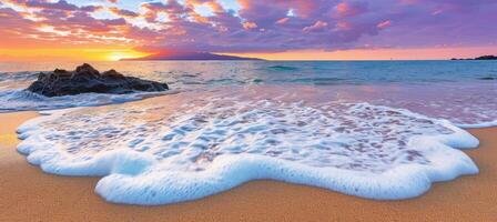 ai gerado tranquilo costeiro pôr do sol cênico oceano de praia com ondas, colorida céu, e ilha panorama foto