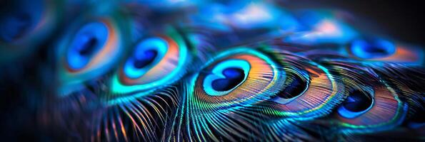 ai gerado detalhado macro tiros do vibrante pavão penas criando uma hipnotizante e colorida fundo foto