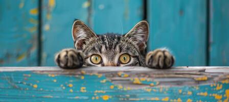 ai gerado curioso malhado gatinho espreitar sobre azul de madeira fundo, fofa gato com patas acima em borrado pano de fundo foto