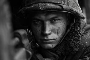 ai gerado a emocional foto do uma soldado a partir de a segundo ótimo guerra uma trágico tempo de guerra experiência, uma convincente retrato refletindo a profundidade do sofrimento e heroísmo dentro a luta para liberdade.