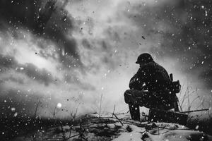 ai gerado a emocional foto do uma soldado a partir de a segundo ótimo guerra uma trágico tempo de guerra experiência, uma convincente retrato refletindo a profundidade do sofrimento e heroísmo dentro a luta para liberdade.