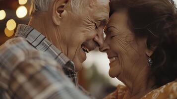 ai gerado amor dentro movimento, alegre aposentado marido e esposa dançando e rindo junto, deliciando dentro uma romântico lento dança. foto