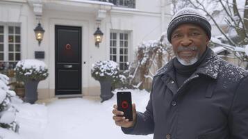 ai gerado inteligente acesso, uma homem de negocios usando uma Smartphone inscrição para ao controle a porta abertura do a casa ou escritório, demonstrando conveniente e moderno segurança soluções foto