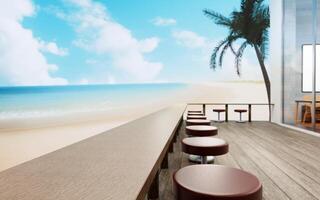 grandes mesa, fez do madeira, em a restaurante terraço, em a praia, azul mar, arenoso praia, azul céu, branco nuvens, brilhante. assentos de a de praia a partir de a restaurante. 3d Renderização foto