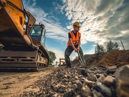 ai gerado jovem construção trabalhador trabalhando em estrada e Veja costas foto