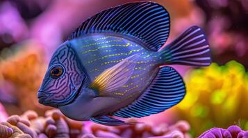 ai gerado vibrante peixe entre colorida corais dentro uma água salgada aquário, criando uma pitoresco embaixo da agua cena. foto