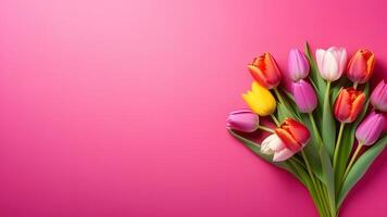ai gerado colorida tulipas em Rosa fundo, bandeira, Lugar, colocar para texto, marcha 8 foto