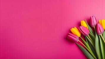 ai gerado ramalhete do Rosa e amarelo tulipas em uma Rosa fundo foto