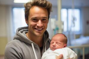 ai gerado feliz homem com recém-nascido em uma maternidade hospital fundo foto