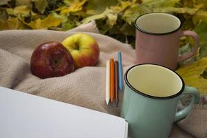 uma copos do chá, vermelho maçãs, álbum e lápis para desenhando em a caloroso xadrez dentro a outono parque. outono ainda vida. foto