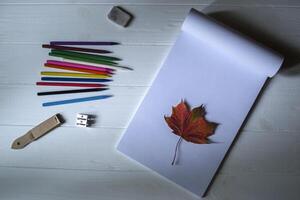 esvaziar esboço almofada, colorida lápis, de outros equipamento para desenhando e caído folha em a branco de madeira Área de Trabalho. arte fundo com Lugar, colocar para texto. foto