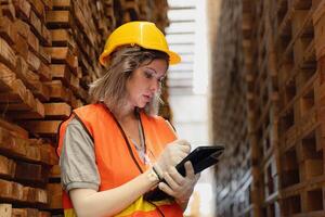 mulher trabalhador carpinteiro vestindo segurança uniforme e Difícil chapéu trabalhando e verificação a qualidade do de madeira produtos às oficina fabricação. homem e mulher trabalhadores madeira dentro Sombrio armazém indústria. foto