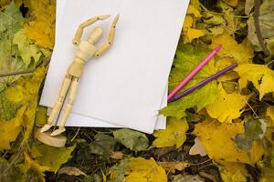branco papel com lápis e manequim para desenhando em a outono folhas. fundo com cópia de espaço. foto