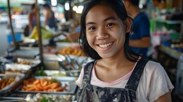 ai gerado encantador fornecedor, retrato do a lindo menina atrás dela rua Comida parar, exalando calor e hospitalidade, fundo imagem, generativo ai foto