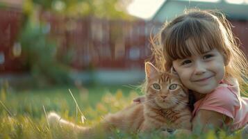 ai gerado retrato do uma pequeno menina com dela gato em a quintal Como uma fundo, fundo imagem, generativo ai foto