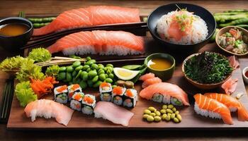 ai gerado Sushi rolos com wasabi e soja molho em uma placa. ai generativo foto