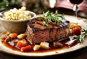 ai gerado carne bifes com espargos e balsâmico vinagre. ai generativo foto