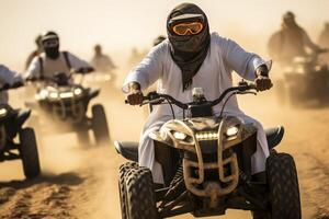 ai gerado árabe homens passeio carrinhos dentro a deserto perto dubai foto