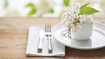ai gerado a encantador mesa configuração melhorada de a pureza do branco flores foto