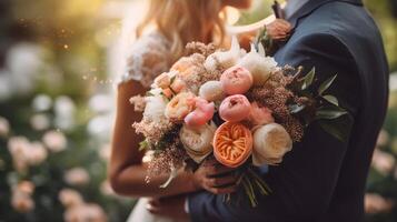 ai gerado uma homem e mulher estão segurando uma ramalhete do flores foto