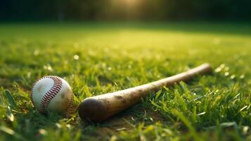 ai gerado beisebol e bastão em Relva campo com Sol dentro fundo foto