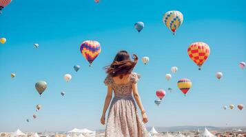 ai gerado uma mulher dentro uma vestir é em pé dentro frente do uma campo do quente ar balões foto