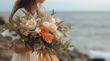 ai gerado uma mulher segurando uma ramalhete do flores de a oceano foto