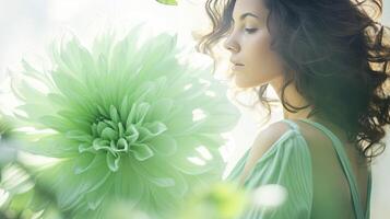 ai gerado encantador elegância uma mulher dentro uma verde vestir abraçando uma verde flor foto