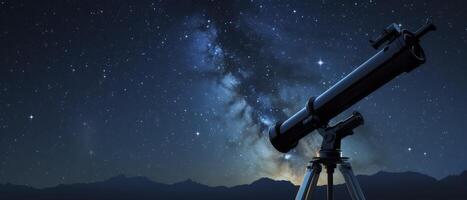 ai gerado telescópio em tripé observando estrelas às noite foto
