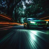 ai gerado verde carro dirigindo baixa rua às noite foto