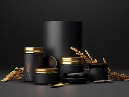 ai gerado Preto ouro luxo Cosmético produtos brincar modelo, generativo ai foto