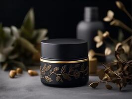 ai gerado Preto ouro luxo Cosmético produtos brincar modelo, generativo ai foto