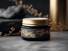 ai gerado Preto ouro luxo Cosmético produtos brincar modelo, generativo ai foto