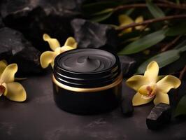 ai gerado Preto ouro luxo Cosmético produtos brincar modelo, generativo ai foto