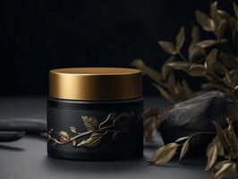 ai gerado Preto ouro luxo Cosmético produtos brincar modelo, generativo ai foto