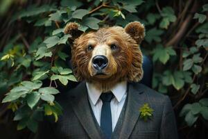 ai gerado patrão urso. uma Urso vestido Como uma homem de negocios entre verde arbustos. estoque troca jogador foto