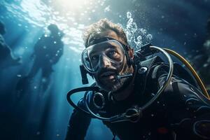 ai gerado masculino mergulho mergulhador dentro a embaixo da agua mundo foto